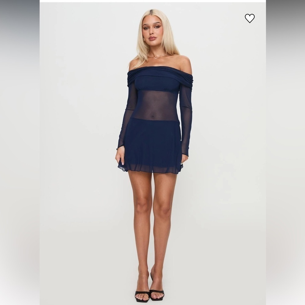 Princess Polly Virtues Long Sleeve Sheer Mini Dress Navy, New with Tags